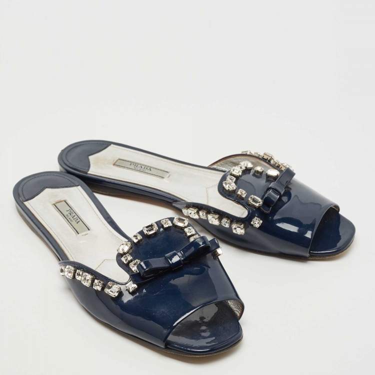 Pre Owned Prada Navy Blue Leather Crystal Embellished Bow Flat Slides Size 39.5