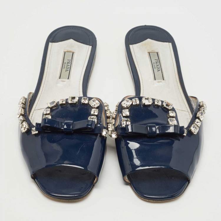 Pre Owned Prada Navy Blue Leather Crystal Embellished Bow Flat Slides Size 39.5