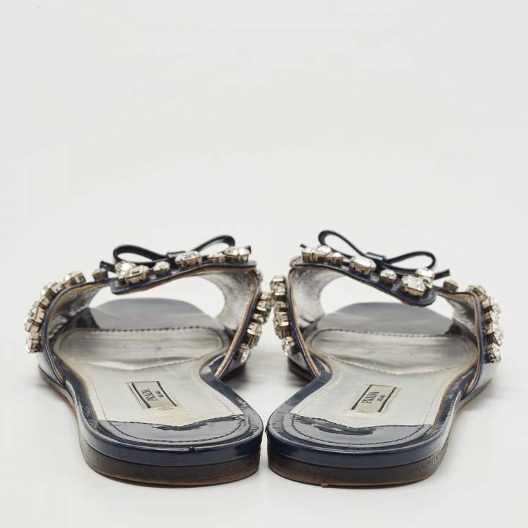 Pre Owned Prada Navy Blue Leather Crystal Embellished Bow Flat Slides Size 39.5