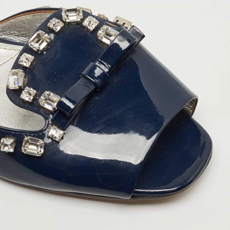 Pre Owned Prada Navy Blue Leather Crystal Embellished Bow Flat Slides Size 39.5