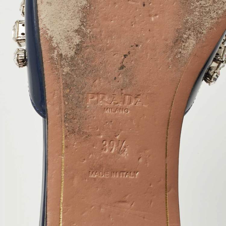 Pre Owned Prada Navy Blue Leather Crystal Embellished Bow Flat Slides Size 39.5