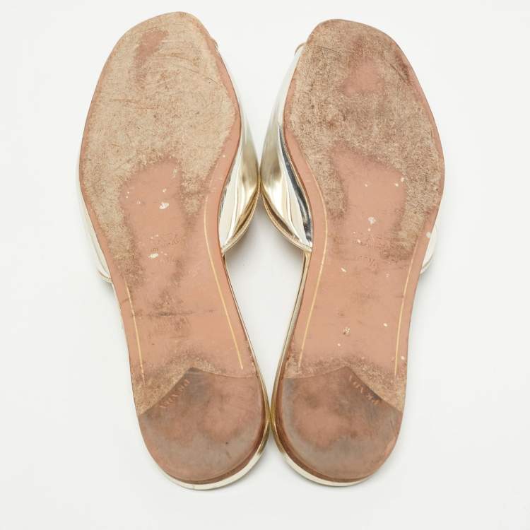 Pre Owned Prada Silver Leather Crystal Embellished Flat Slides Size 40.5