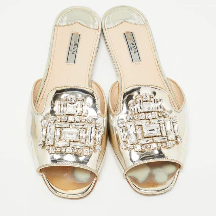 Pre Owned Prada Silver Leather Crystal Embellished Flat Slides Size 40.5