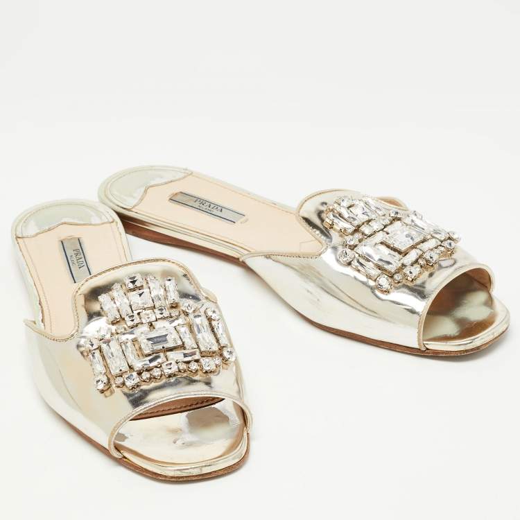 Pre Owned Prada Silver Leather Crystal Embellished Flat Slides Size 40.5