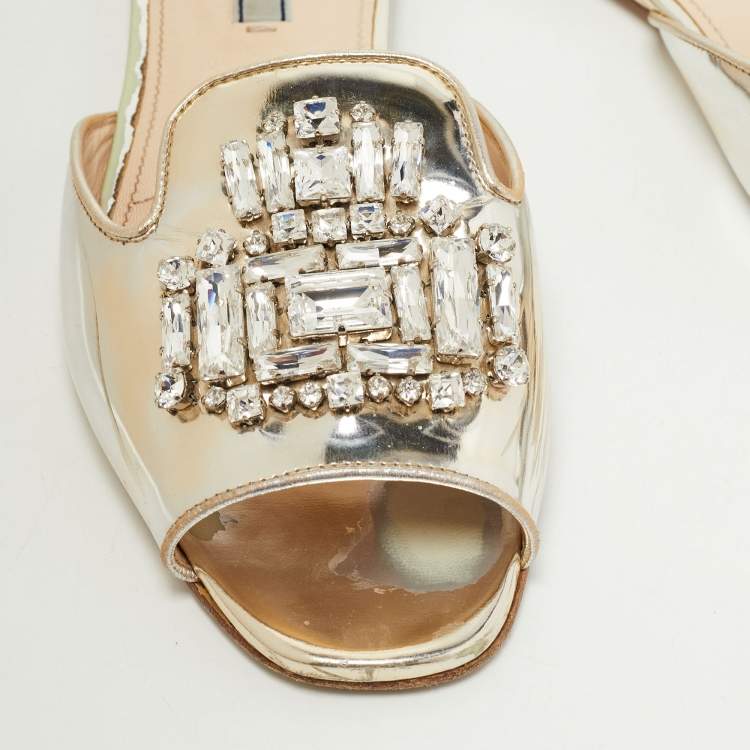Pre Owned Prada Silver Leather Crystal Embellished Flat Slides Size 40.5