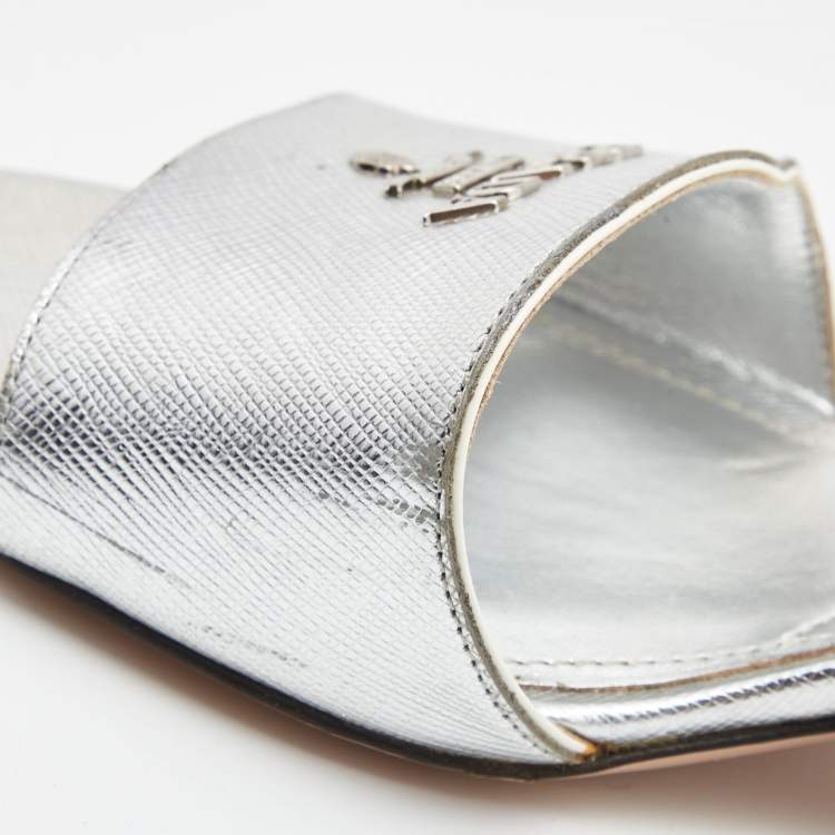 Pre Owned Prada Silver Foil Leather Block Heel Ankle Strap Sandals Size 40