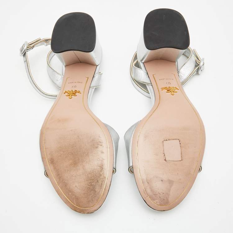 Pre Owned Prada Silver Foil Leather Block Heel Ankle Strap Sandals Size 40