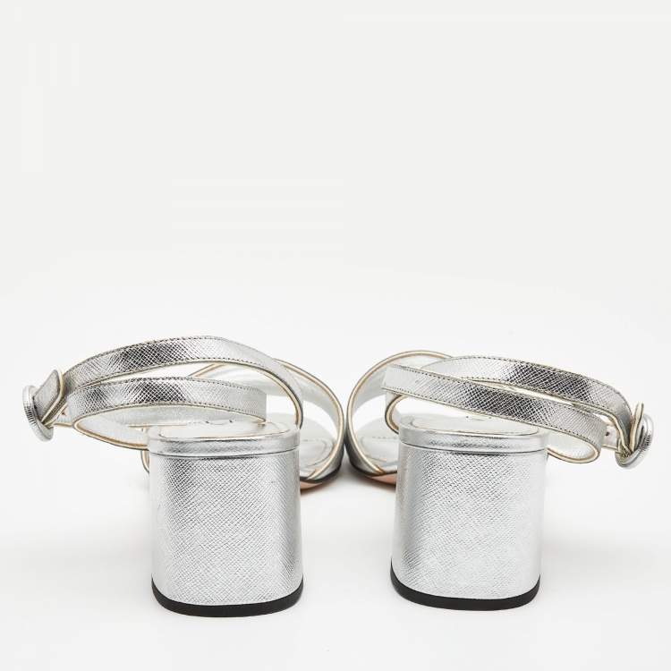 Pre Owned Prada Silver Foil Leather Block Heel Ankle Strap Sandals Size 40