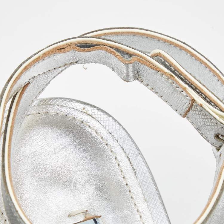 Pre Owned Prada Silver Foil Leather Block Heel Ankle Strap Sandals Size 40