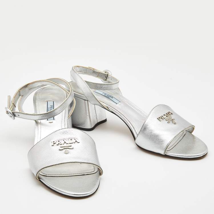 Pre Owned Prada Silver Foil Leather Block Heel Ankle Strap Sandals Size 40