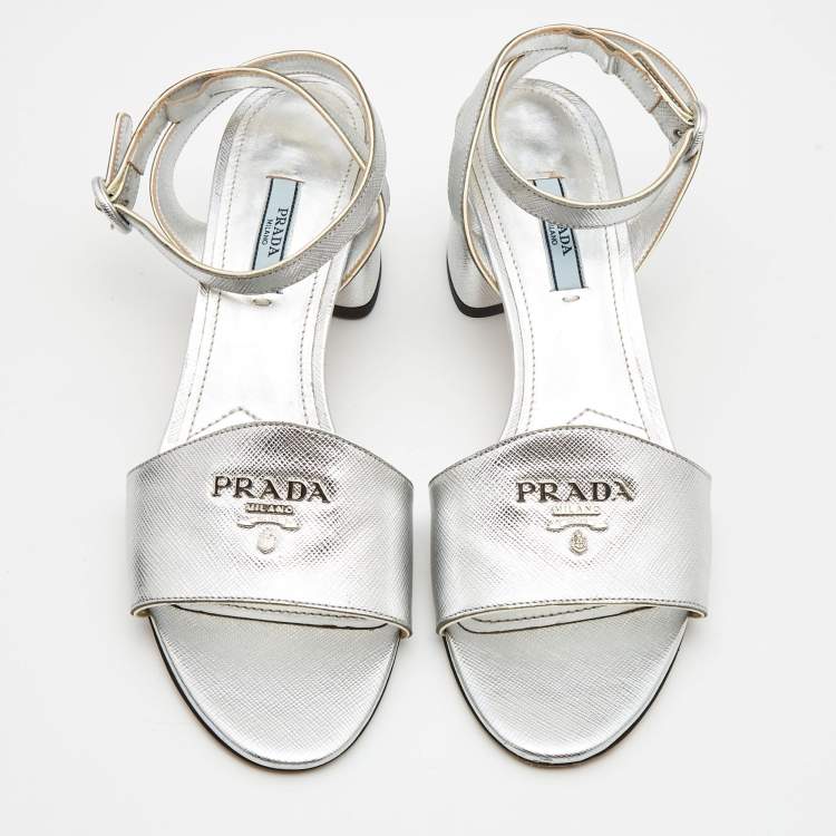 Pre Owned Prada Silver Foil Leather Block Heel Ankle Strap Sandals Size 40