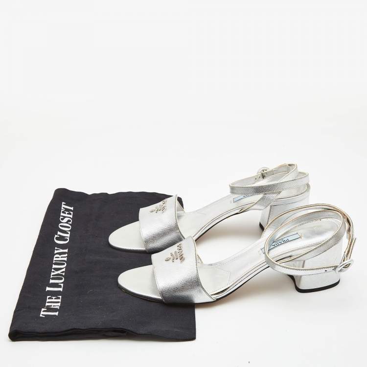 Pre Owned Prada Silver Foil Leather Block Heel Ankle Strap Sandals Size 40