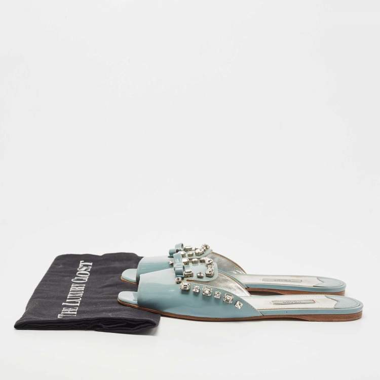 Pre Owned Prada Grey Patent Leather Crystal Embellished Bow Flat Slides Size 40