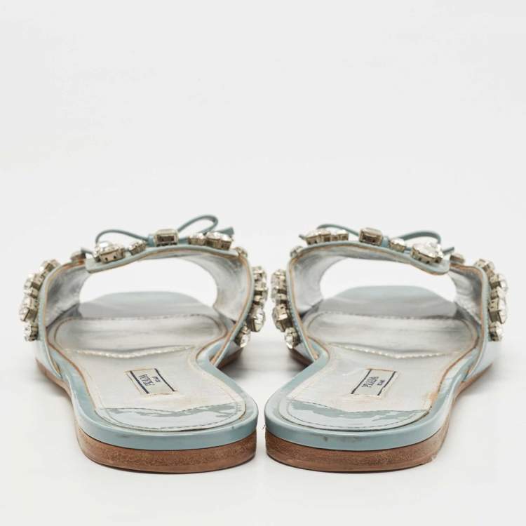 Pre Owned Prada Grey Patent Leather Crystal Embellished Bow Flat Slides Size 40