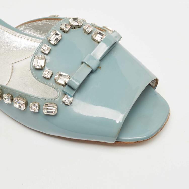 Pre Owned Prada Grey Patent Leather Crystal Embellished Bow Flat Slides Size 40