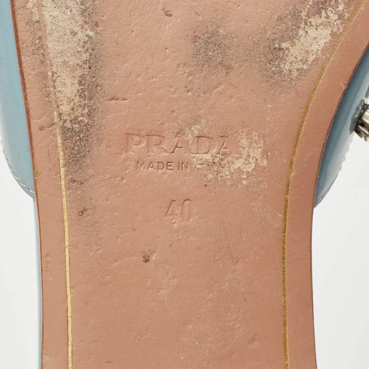 Pre Owned Prada Grey Patent Leather Crystal Embellished Bow Flat Slides Size 40
