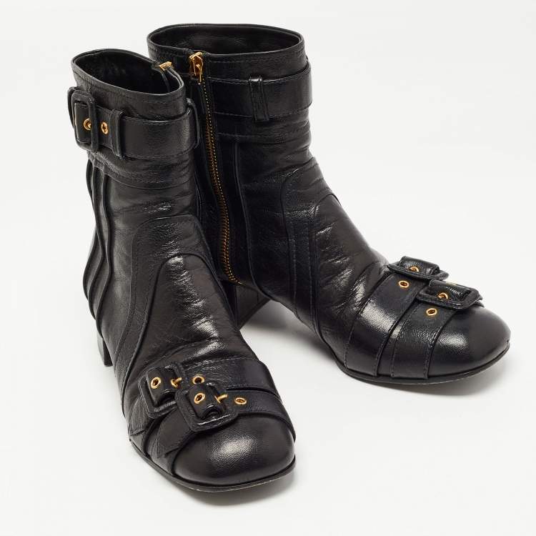 Pre Owned Prada Black Leather Ankle Boots Size 38.5