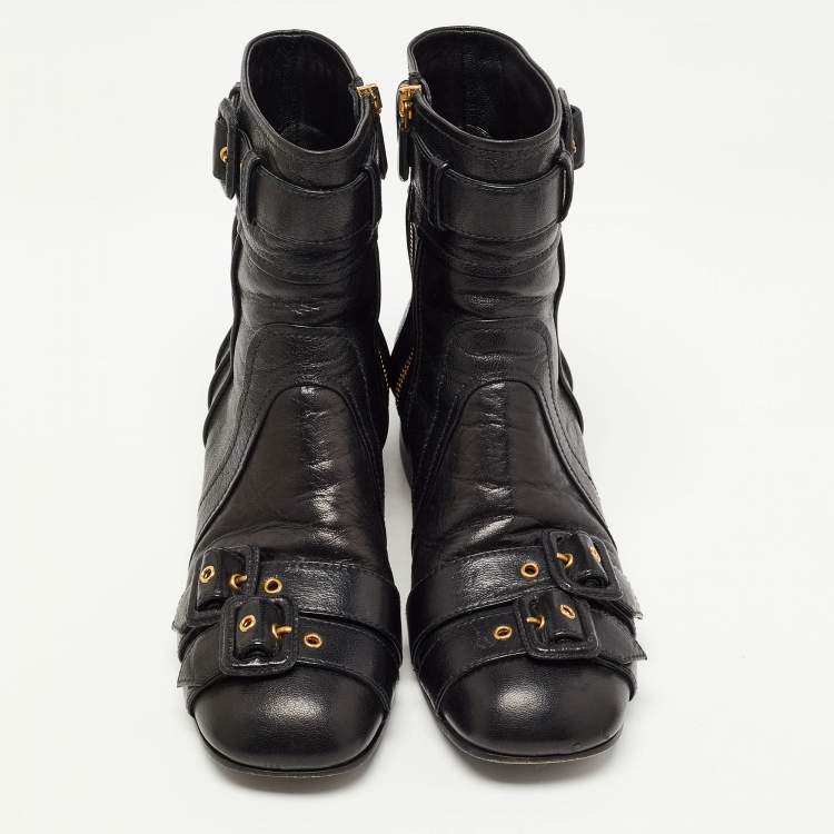 Pre Owned Prada Black Leather Ankle Boots Size 38.5