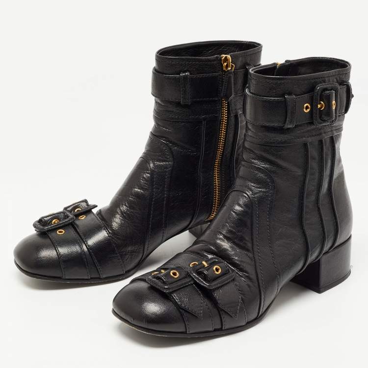 Pre Owned Prada Black Leather Ankle Boots Size 38.5