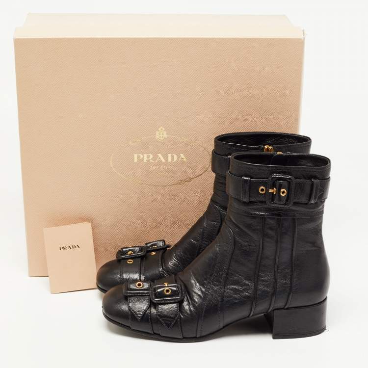 Pre Owned Prada Black Leather Ankle Boots Size 38.5