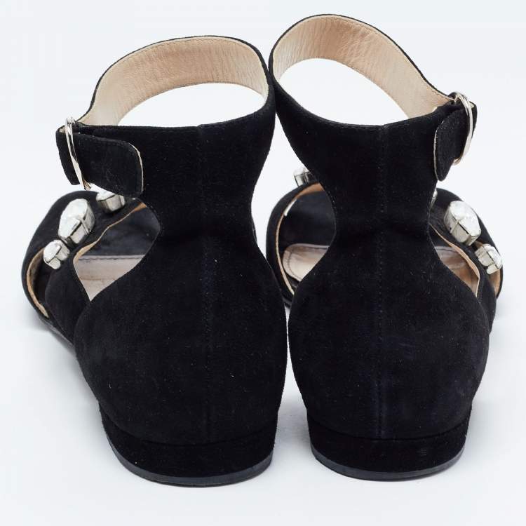 Pre Owned Prada Black Suede Crystal Embellished Flats Size 38.5