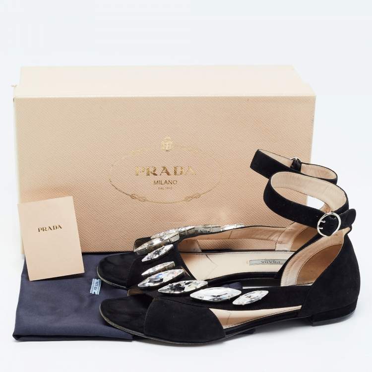 Pre Owned Prada Black Suede Crystal Embellished Flats Size 38.5
