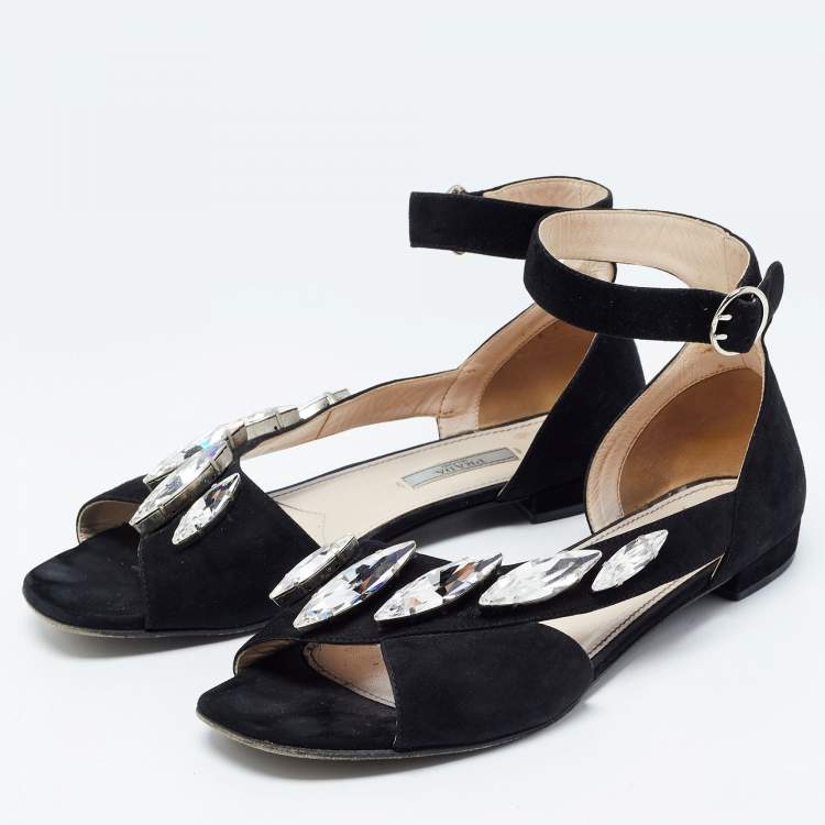 Pre Owned Prada Black Suede Crystal Embellished Flats Size 38.5