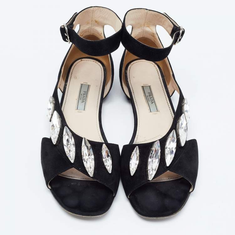 Pre Owned Prada Black Suede Crystal Embellished Flats Size 38.5