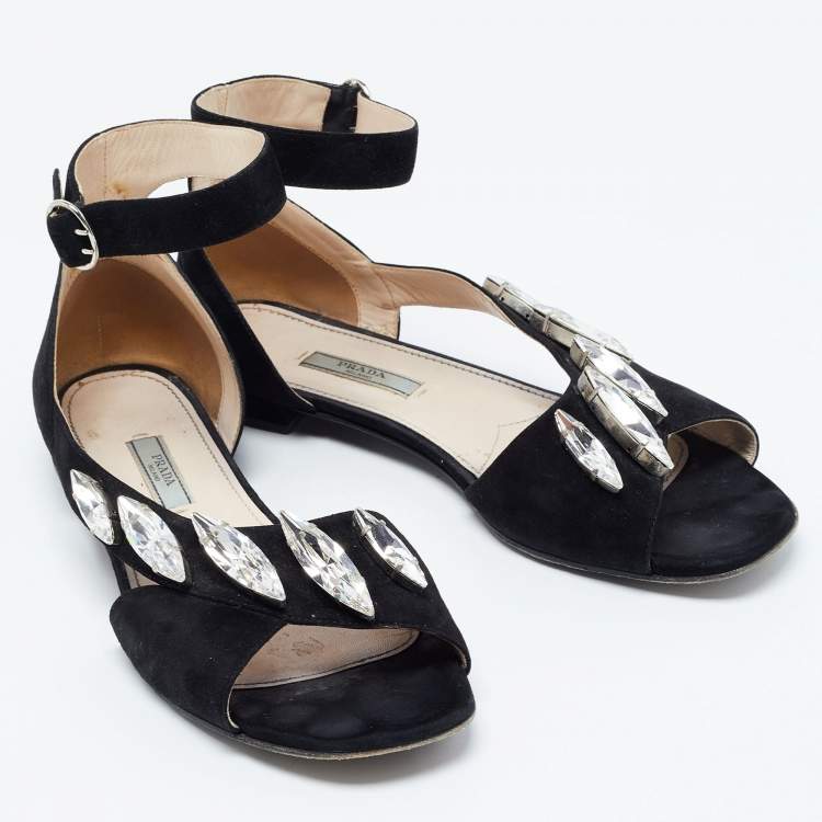 Pre Owned Prada Black Suede Crystal Embellished Flats Size 38.5
