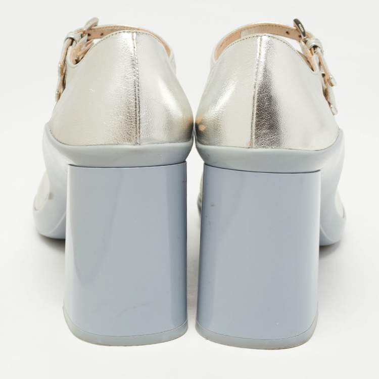 Pre Owned Prada Silver Leather Block Heel Pumps Size 38