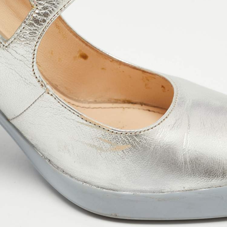 Pre Owned Prada Silver Leather Block Heel Pumps Size 38