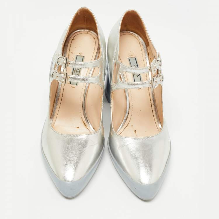 Pre Owned Prada Silver Leather Block Heel Pumps Size 38