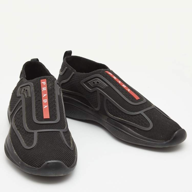 Pre Owned Prada Black Knit Fabric Technical Bike Slip On Sneakers Size 39.5