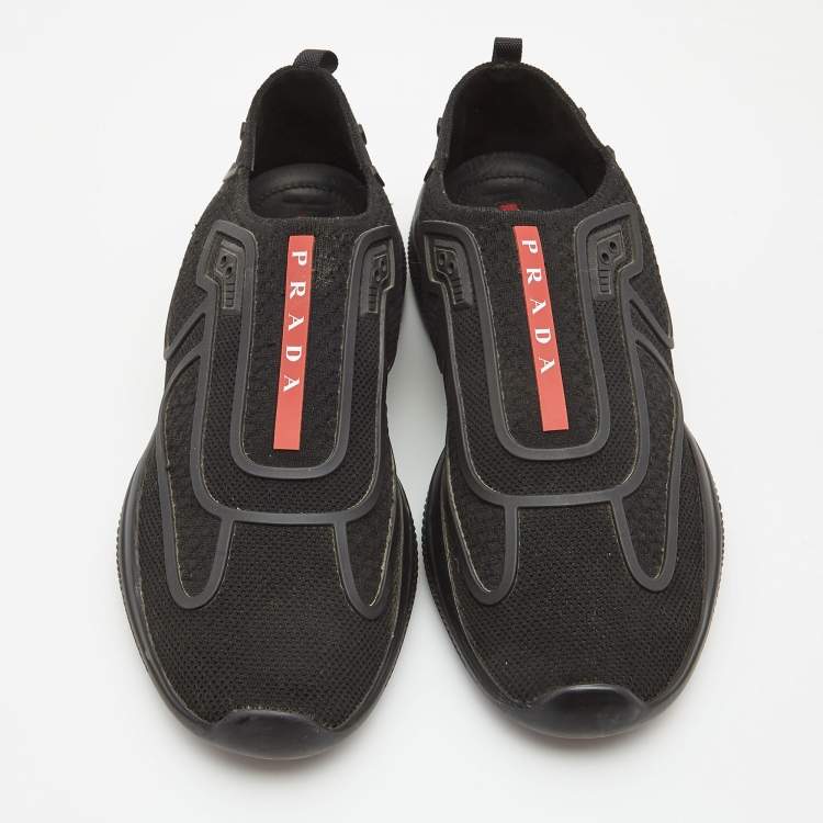 Pre Owned Prada Black Knit Fabric Technical Bike Slip On Sneakers Size 39.5