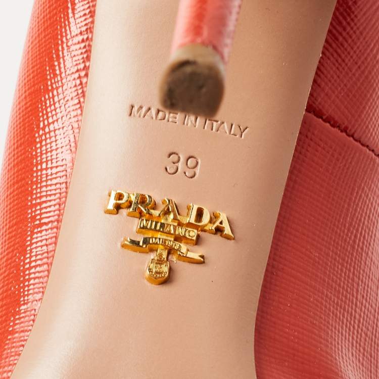 Pre Owned Prada Orange Saffiano Vernice Leather Pointed Toe Pumps Size 39