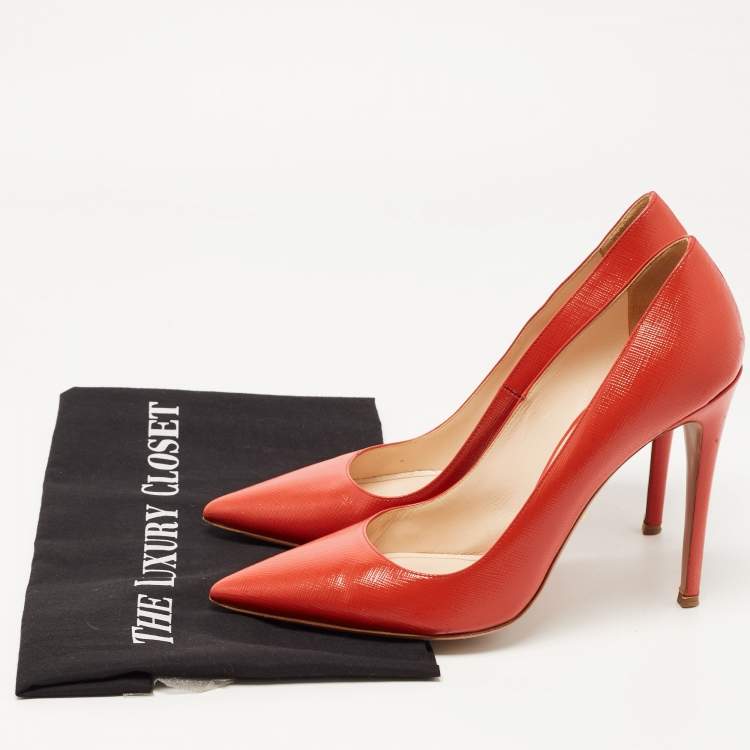 Pre Owned Prada Orange Saffiano Vernice Leather Pointed Toe Pumps Size 39