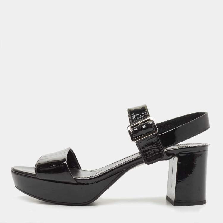 Pre Owned Prada Black Patent Leather Ankle Strap Block Heel Sandals Size 39