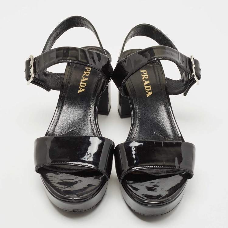 Pre Owned Prada Black Patent Leather Ankle Strap Block Heel Sandals Size 39