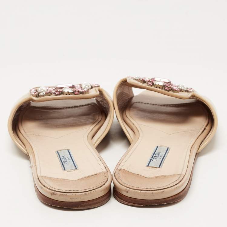 Pre Owned Prada Beige Saffiano Leather Crystal Embellished Flat Slides Size 39