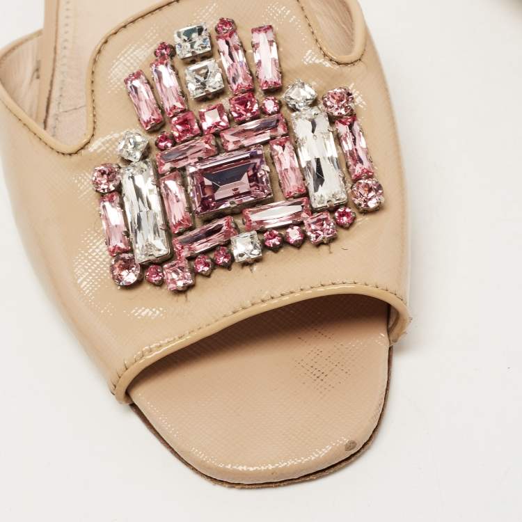 Pre Owned Prada Beige Saffiano Leather Crystal Embellished Flat Slides Size 39