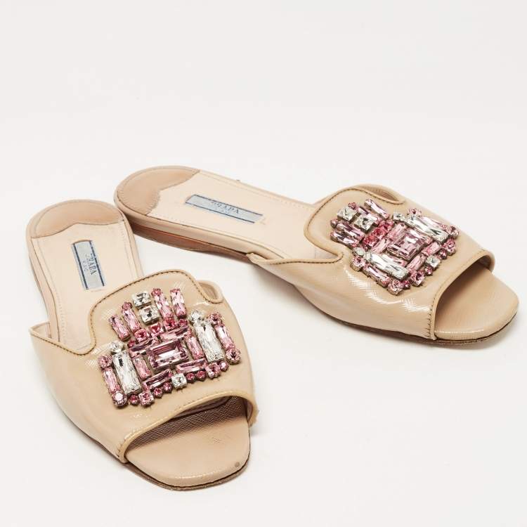 Pre Owned Prada Beige Saffiano Leather Crystal Embellished Flat Slides Size 39
