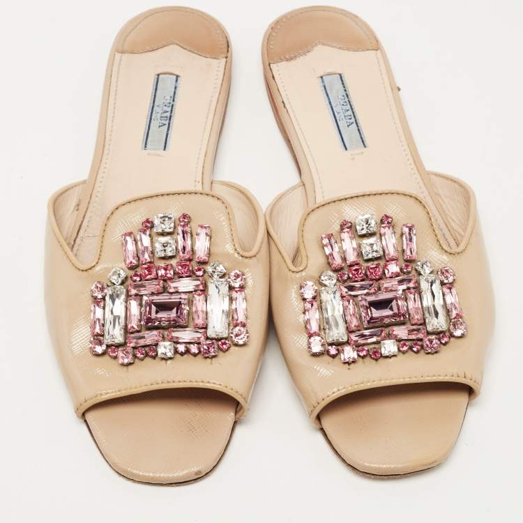 Pre Owned Prada Beige Saffiano Leather Crystal Embellished Flat Slides Size 39