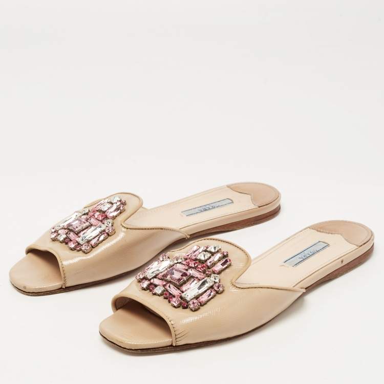 Pre Owned Prada Beige Saffiano Leather Crystal Embellished Flat Slides Size 39