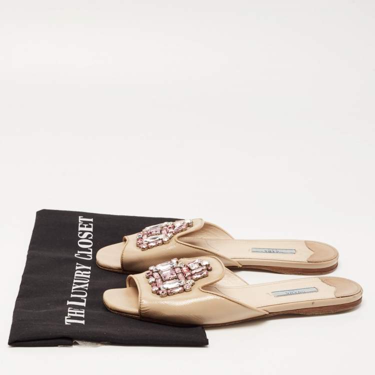 Pre Owned Prada Beige Saffiano Leather Crystal Embellished Flat Slides Size 39