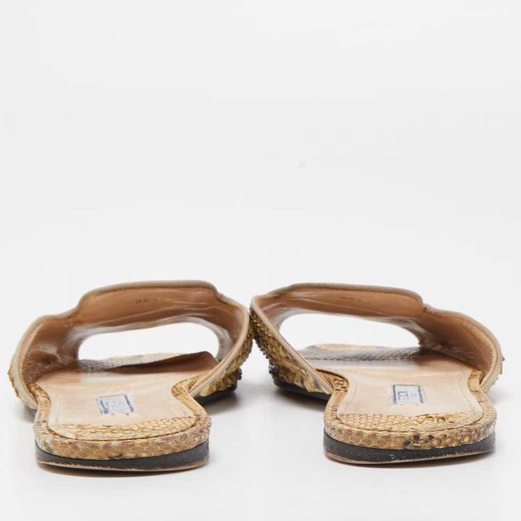 Pre Owned Prada Yellow/Brown Python Flat Slides Size 38.5