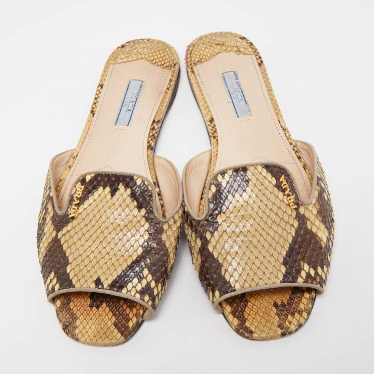 Pre Owned Prada Yellow/Brown Python Flat Slides Size 38.5