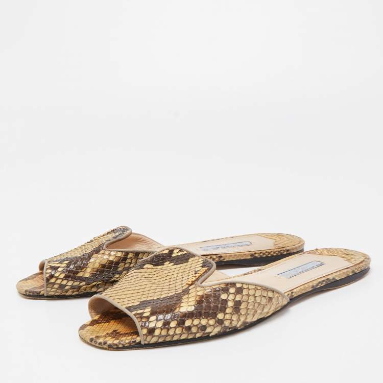 Pre Owned Prada Yellow/Brown Python Flat Slides Size 38.5