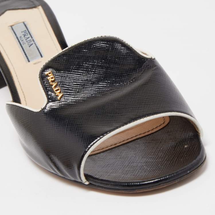 Pre Owned Prada Black Saffiano Vernice Leather Slide Sandals Size 39