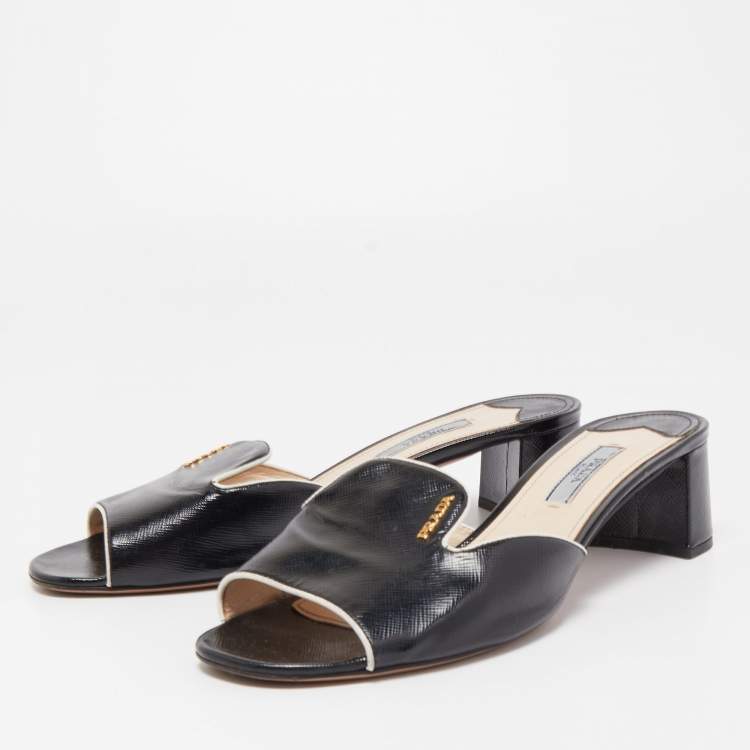 Pre Owned Prada Black Saffiano Vernice Leather Slide Sandals Size 39