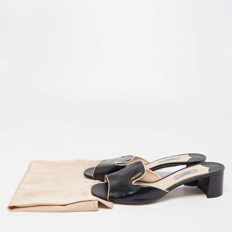 Pre Owned Prada Black Saffiano Vernice Leather Slide Sandals Size 39